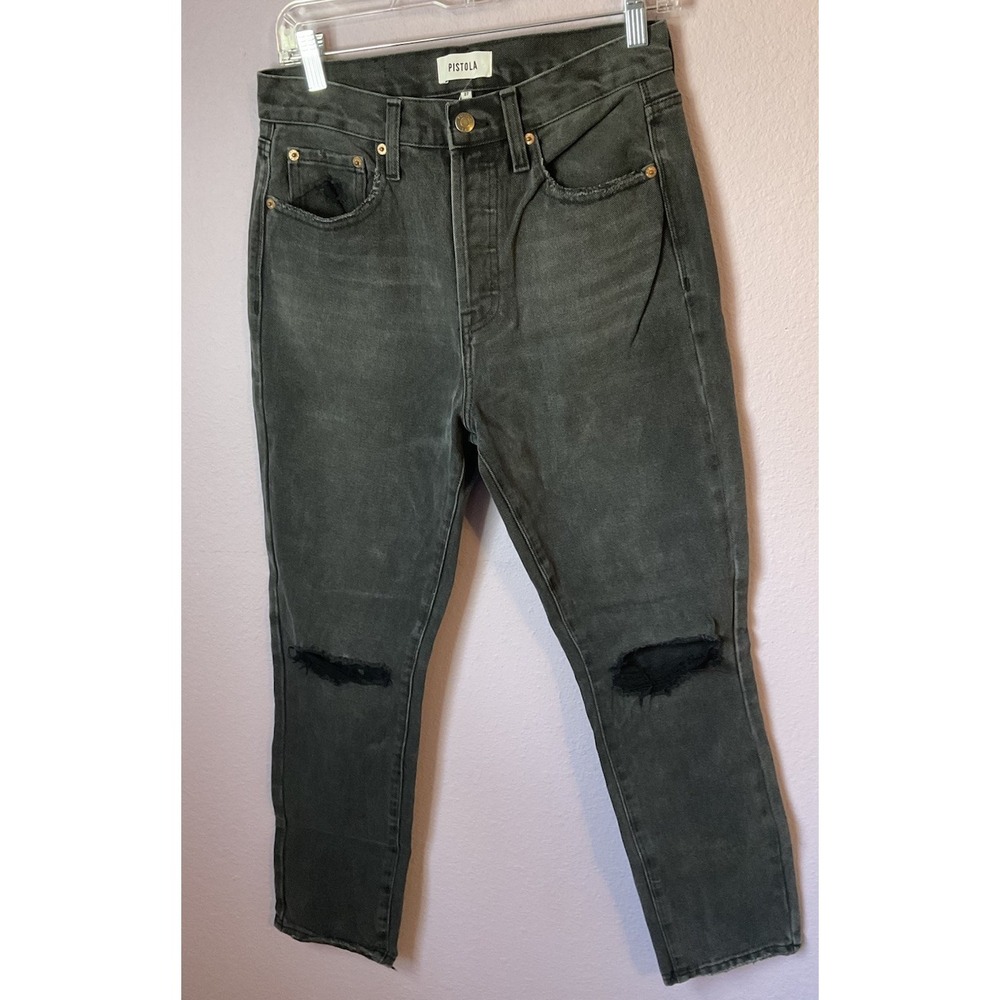 Pistola Black Denim Distressed Jeans Size 27 100% Cotton 4 Button Fly High Rise